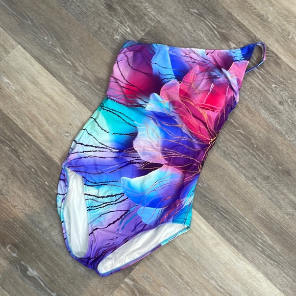 Gottex Swimwear Golden Asymmetric Floral One-Piece Swimsuit Size 12 - Picture 4 of 14